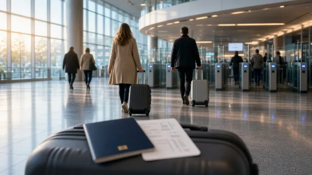 Travellers walking towards automated border gates in a European airport, illustrating the delayed ETIAS travel authorisation