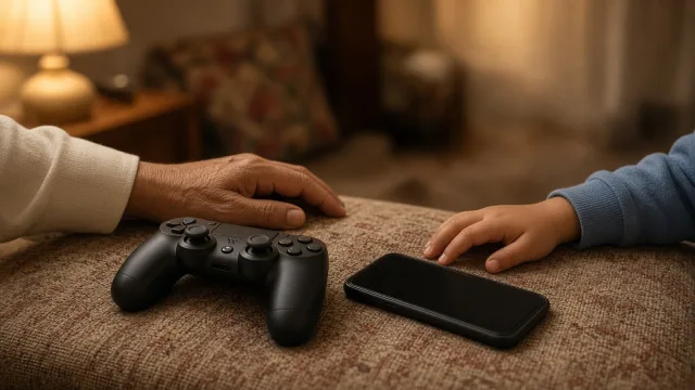 Game controller and smartphone on a sofa cushion with a parent's and child's hands resting nearby