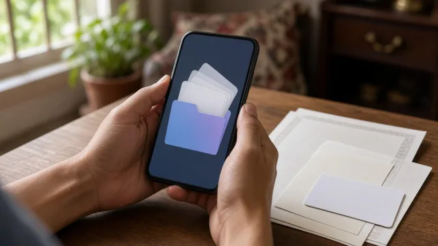 Hands holding a phone showing a folder with document cards, paper certificates and a blank card nearby