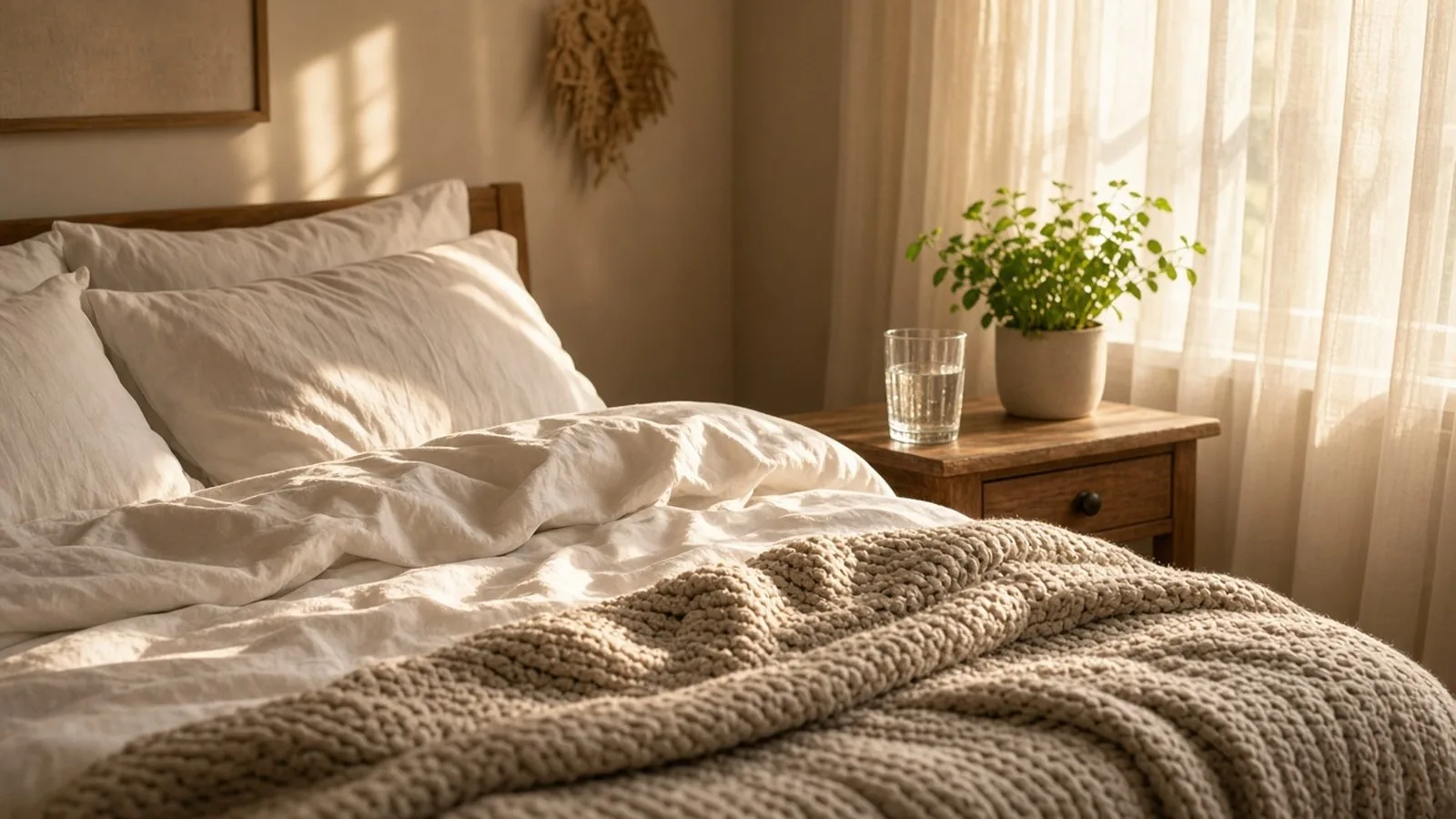 Sunlit bedroom with white bed linen, a knitted blanket and a glass of water beside a small plant