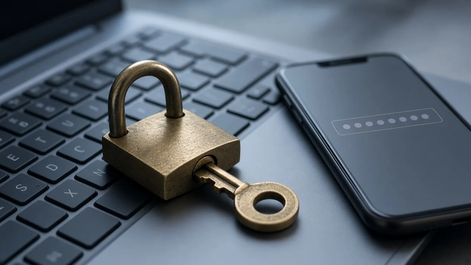 Brass padlock and key on a laptop keyboard next to a phone showing password dots
