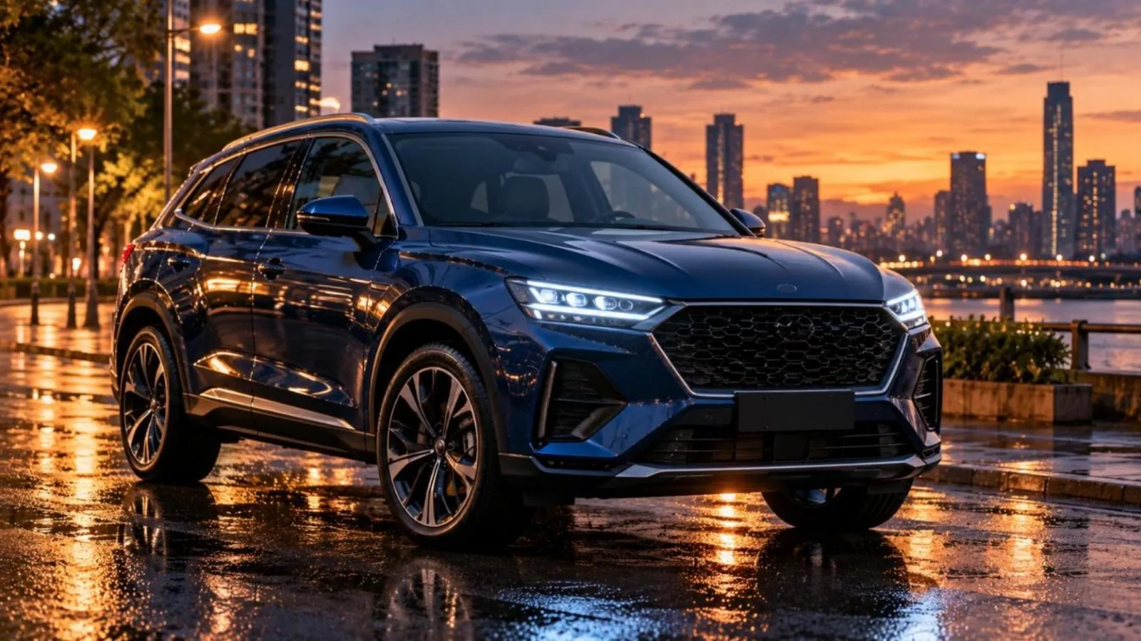 A dark blue compact luxury SUV with LED headlights on a wet waterfront road at sunset (representative image)