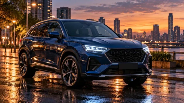 A dark blue compact luxury SUV with LED headlights on a wet waterfront road at sunset (representative image)