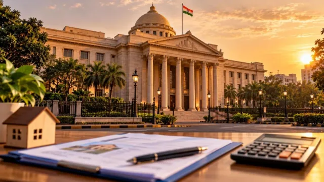 A classical central bank building at golden hour with a loan file and calculator in the foreground