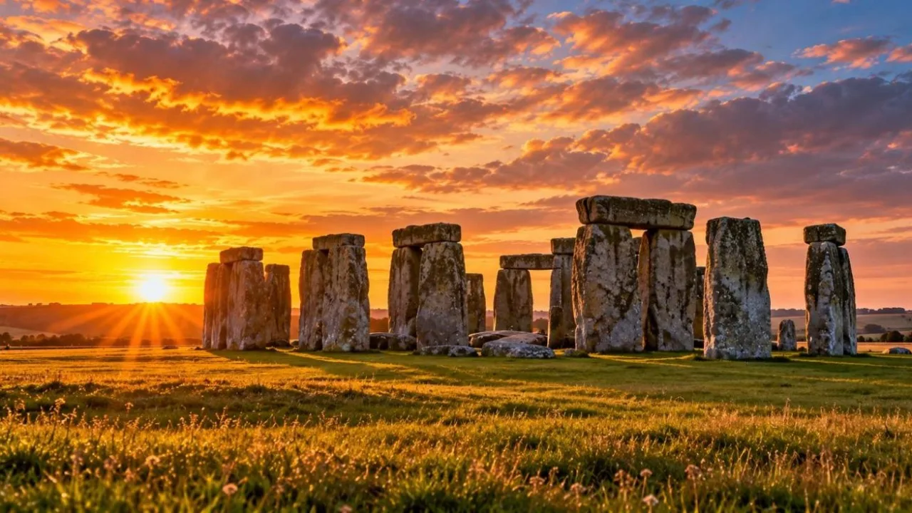 Stonehenge standing stones at sunset with dramatic clouds over golden grass