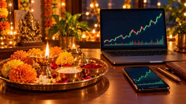 Puja thali with lit diya and marigolds beside a laptop showing a rising stock chart on Diwali evening