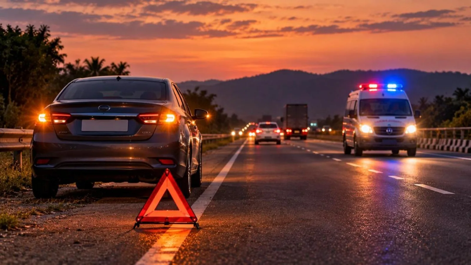 A car with hazard lights and a warning triangle on a highway at dusk as an ambulance arrives