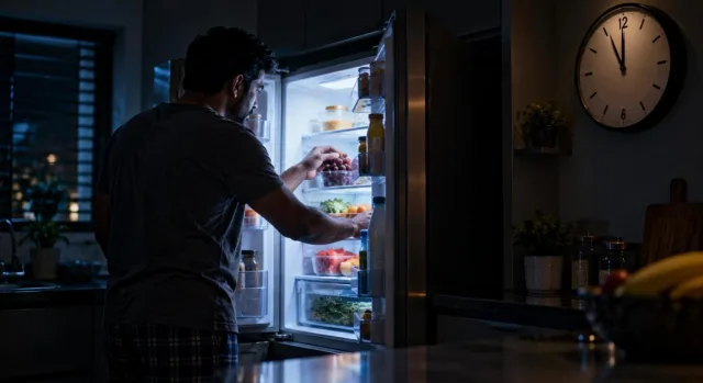 Person opening a refrigerator late at night in a dark kitchen