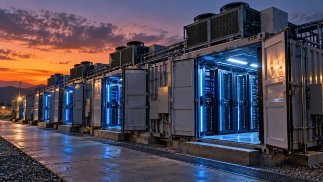 Modular shipping containers converted into a data centre with glowing server racks at dusk
