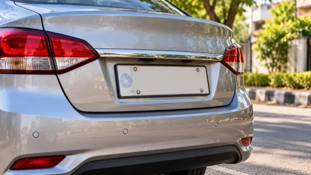 Rear of a silver car with a blank high security registration plate and hologram