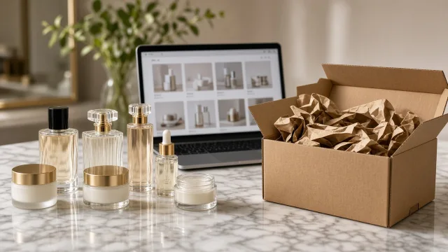 Luxury perfume bottles beside a delivery parcel and laptop, illustrating Shiseido's lawsuit against Shein over online beauty sales