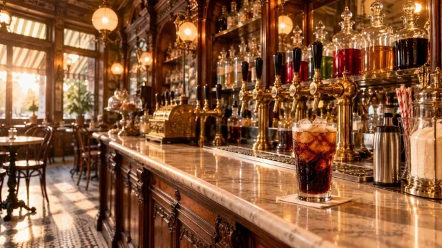 Vintage pharmacy soda fountain counter with glass bottles and a glass of dark fizzy drink in warm light