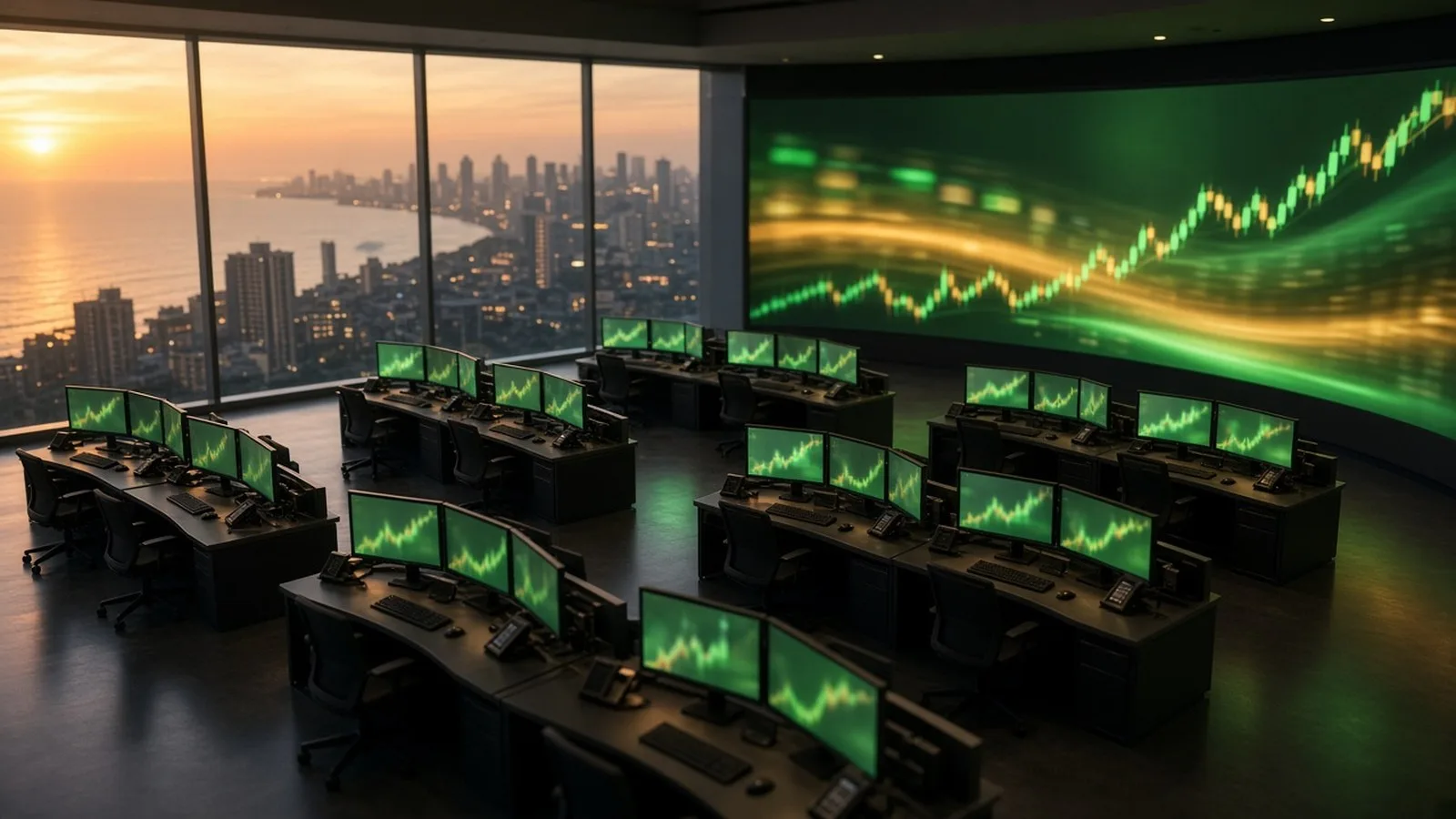 Empty modern trading floor at dusk with monitors showing rising green charts and the Mumbai skyline, illustrating the Indian stock market's weekly rally