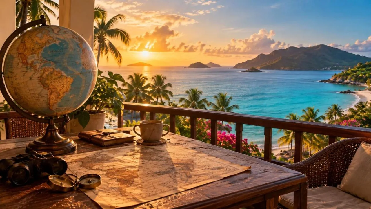Balcony view over turquoise Caribbean sea and palm trees at sunrise with a globe and an old map on a table