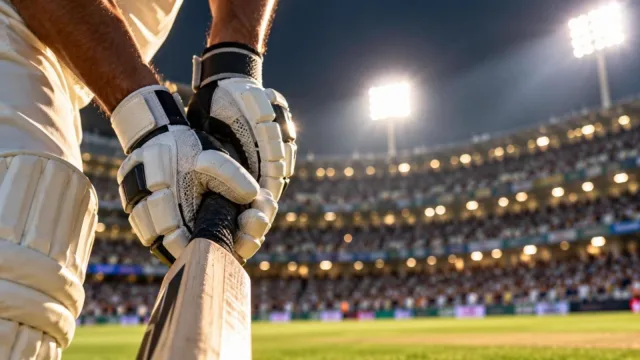 A batsman's gloved hands gripping a bat handle tightly in front of a blurred floodlit stadium