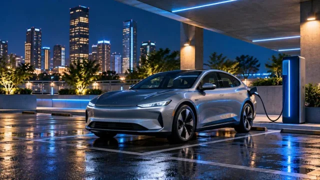 Sleek electric sedan plugged into a charging station at night