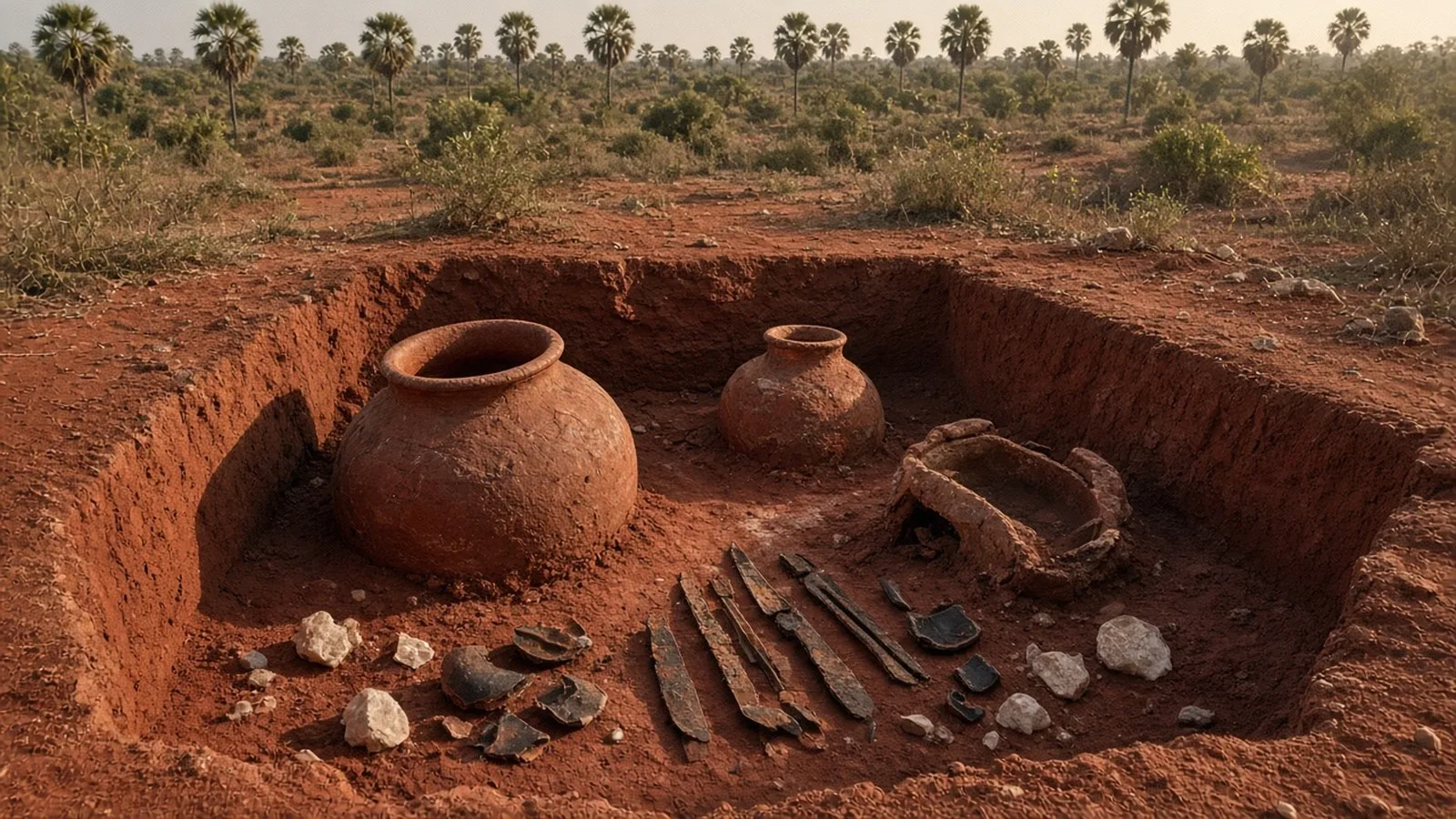 Large terracotta burial urns half-buried in red-earth excavation trenches with corroded iron tools and black-and-red pottery sherds, evoking an Iron Age site in southern Tamil Nadu