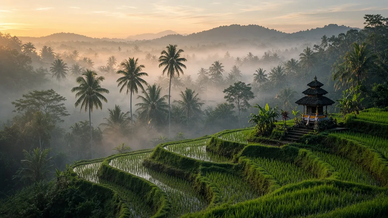 Green rice terraces with palm trees and morning mist in central Bali