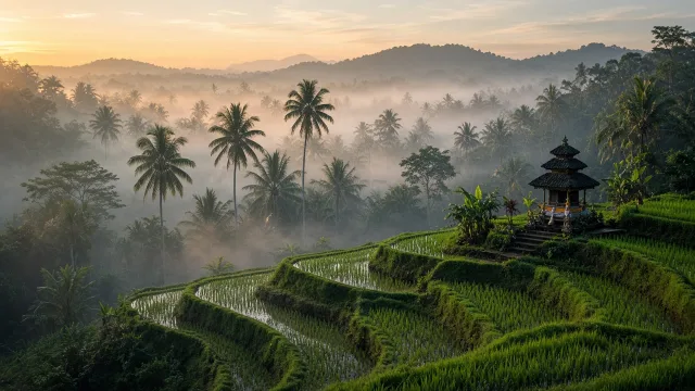 Green rice terraces with palm trees and morning mist in central Bali