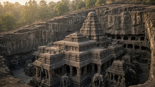 Horseshoe-shaped row of Ajanta caves cut into a basalt cliff above a green river gorge