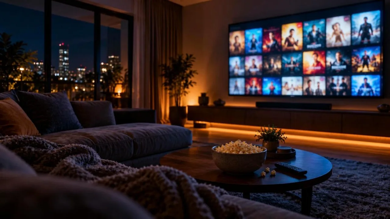 A living room at night lit by a large TV screen showing a blurred streaming menu