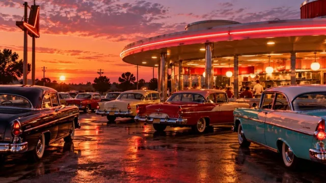 1950s American roadside burger drive-in at dusk with classic cars and warm lights