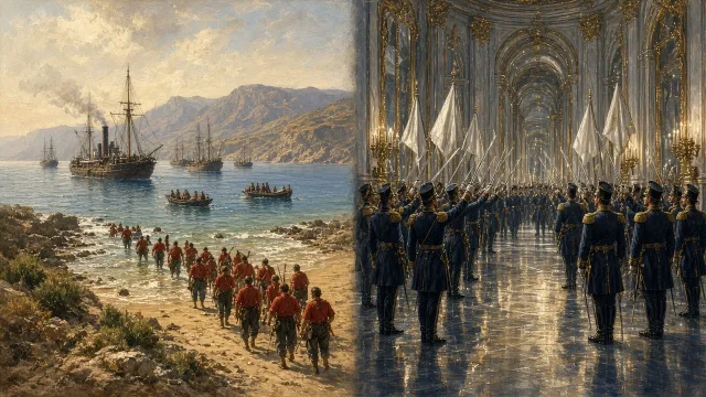 Red-shirted volunteers landing in Sicily beside officers gathered in a mirrored palace hall, illustrating the unification of Italy and Germany