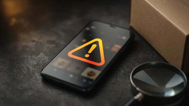 Smartphone showing a warning triangle over a blurred shopping page, with a parcel and magnifying glass