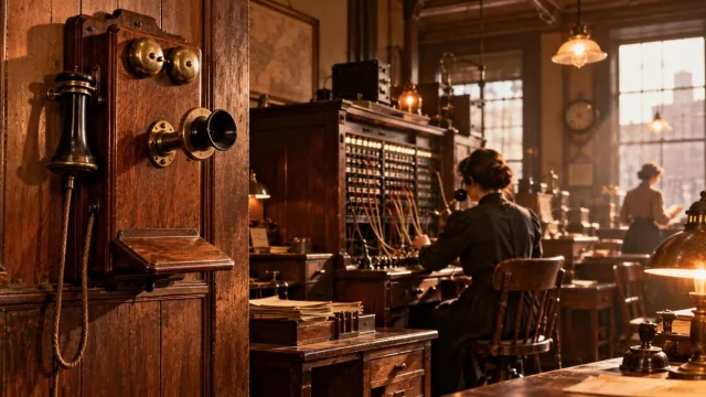 Antique wooden wall telephone and an old switchboard with cables in an early 1900s office