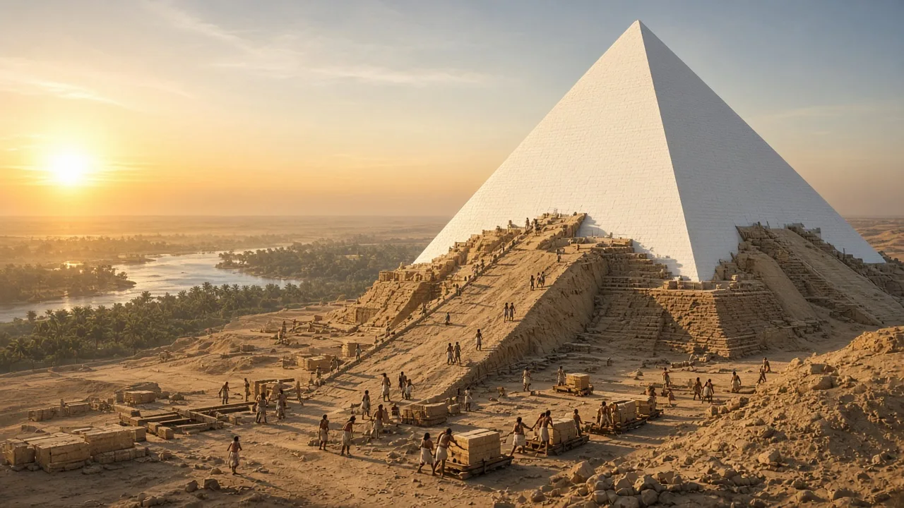 Workers hauling stone blocks up ramps beside the gleaming Great Pyramid at sunrise, illustrating how ancient Egypt built the pyramids