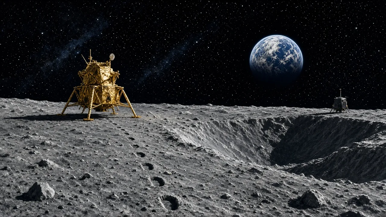 A lunar landing module on the Moon's surface with bootprints and Earth rising in the sky, illustrating the Apollo 11 Moon landing