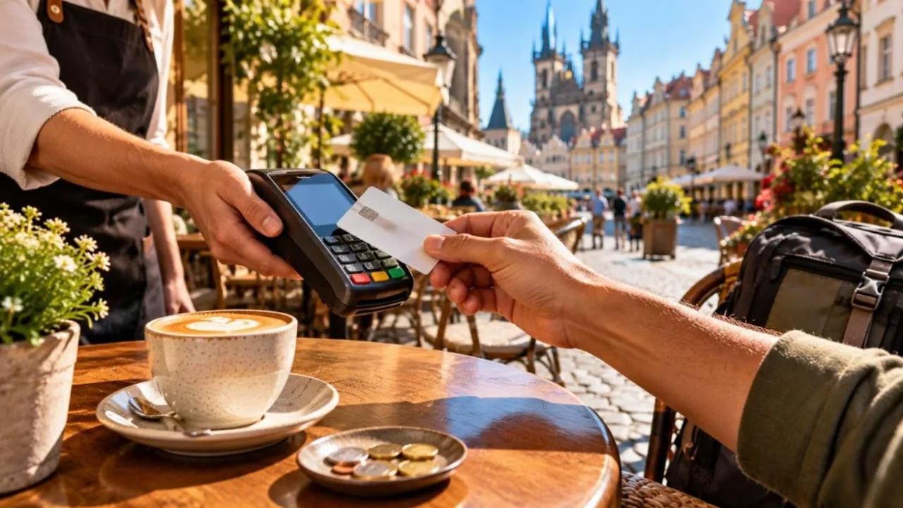 Traveller holding a plain contactless card at a sunny European street cafe table with a cappuccino and coins