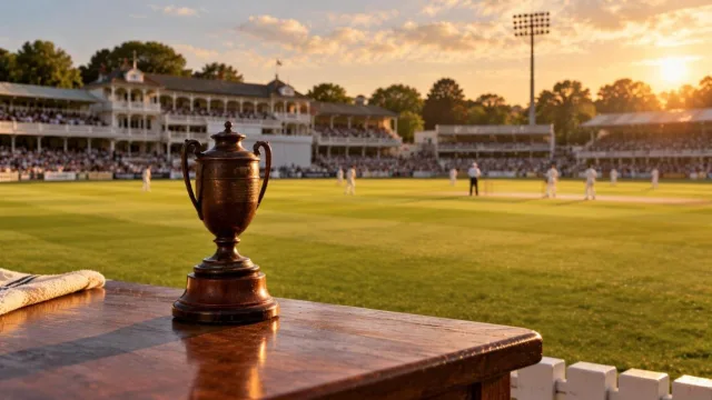 Traditional cricket ground with green outfield, white pavilion and a small antique urn on a table
