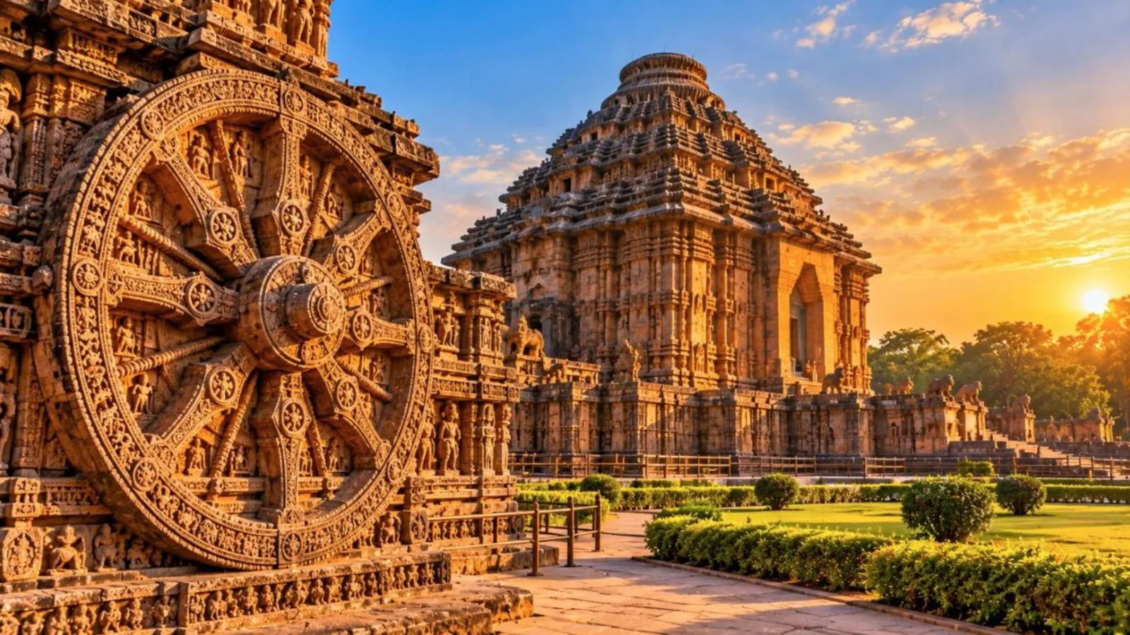 Konark Sun Temple chariot wheel and carved stone walls in golden light