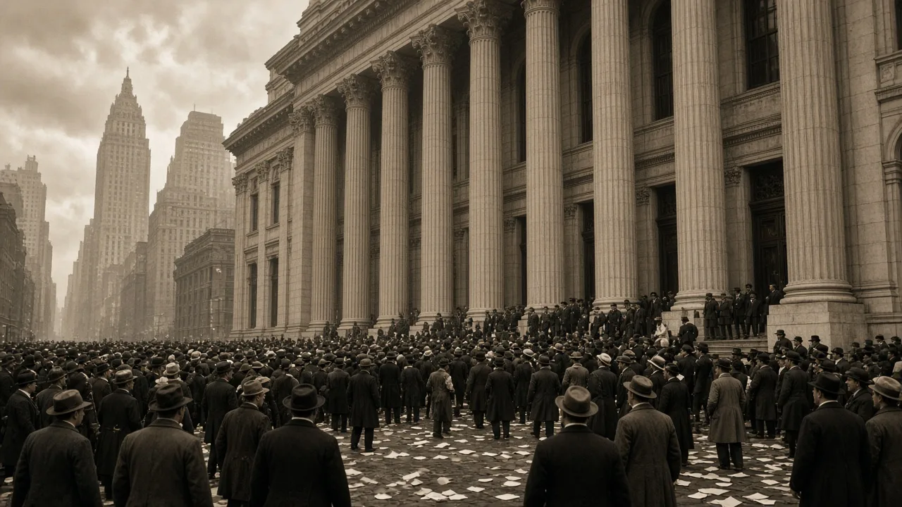 An anxious crowd gathered outside columned bank buildings in 1929 New York, illustrating the Wall Street crash and Great Depression