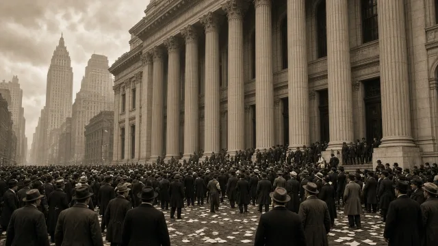 An anxious crowd gathered outside columned bank buildings in 1929 New York, illustrating the Wall Street crash and Great Depression