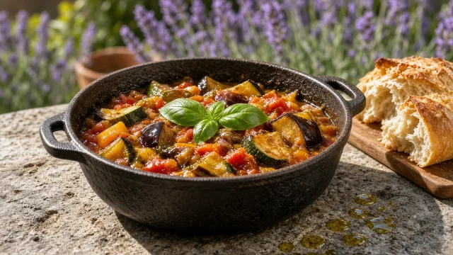 A cast-iron pot of ratatouille with aubergine, courgette, peppers and tomato, garnished with basil
