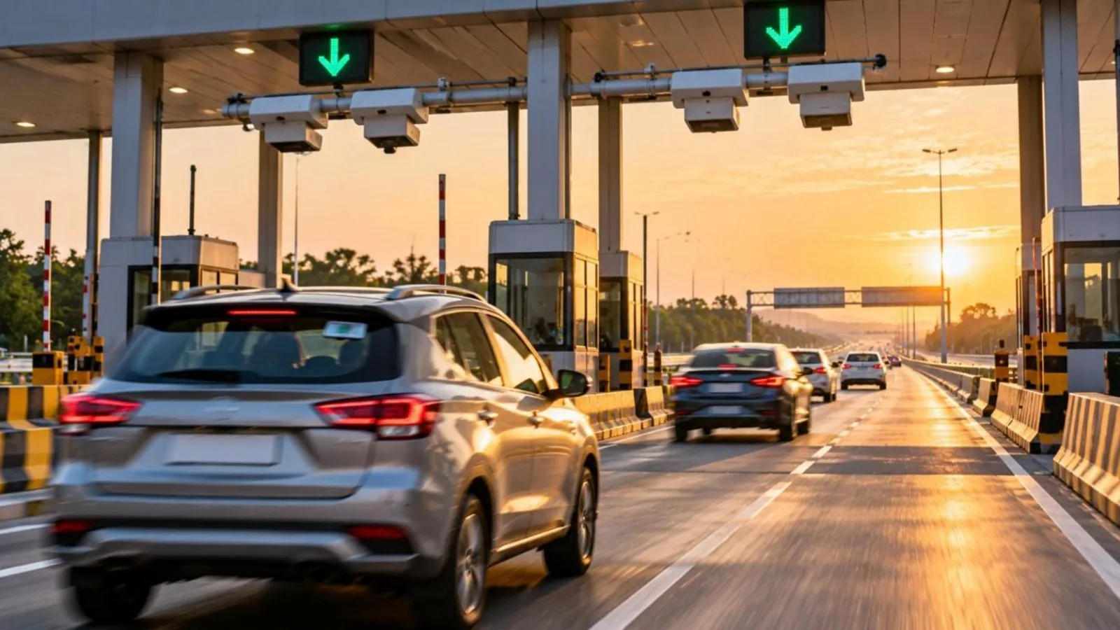 Cars passing through an electronic toll plaza lane under an RFID gantry at golden hour