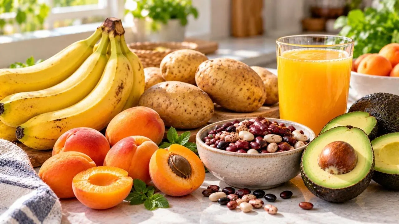 Bananas, potatoes, apricots, a bowl of mixed beans, avocados and a glass of orange juice on a bright kitchen counter