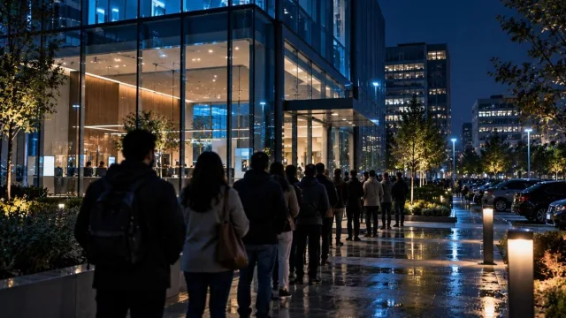 Modern glass bank branch at night with a queue of people seen from behind in cool blue light
