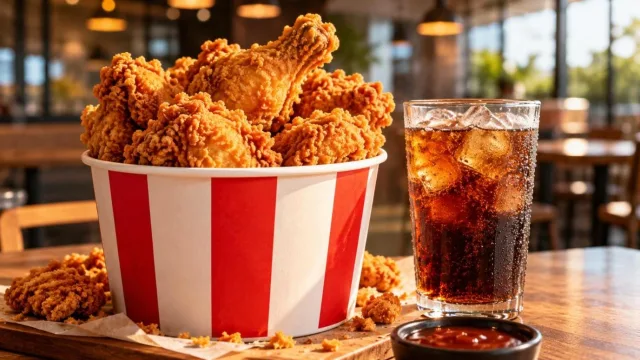 Bucket of fried chicken and a glass of cola with ice on a wooden restaurant table
