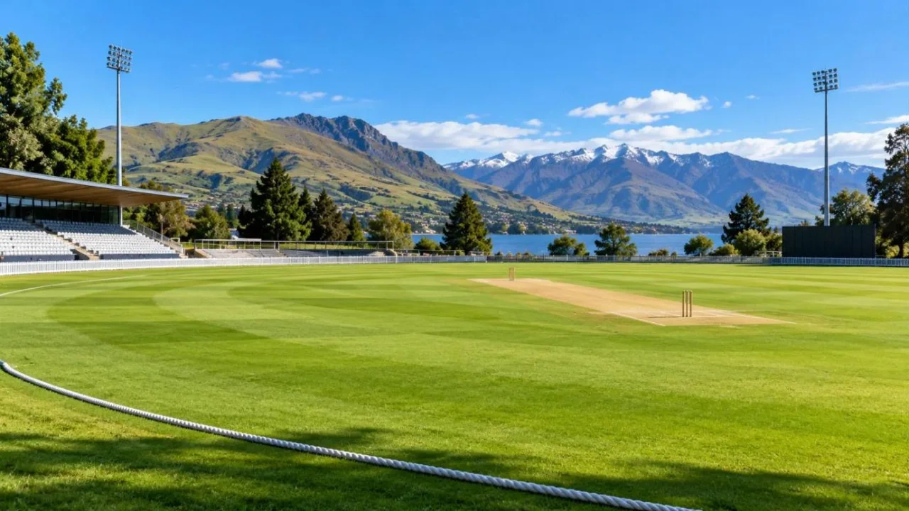 Empty New Zealand cricket ground with green outfield and rolling hills