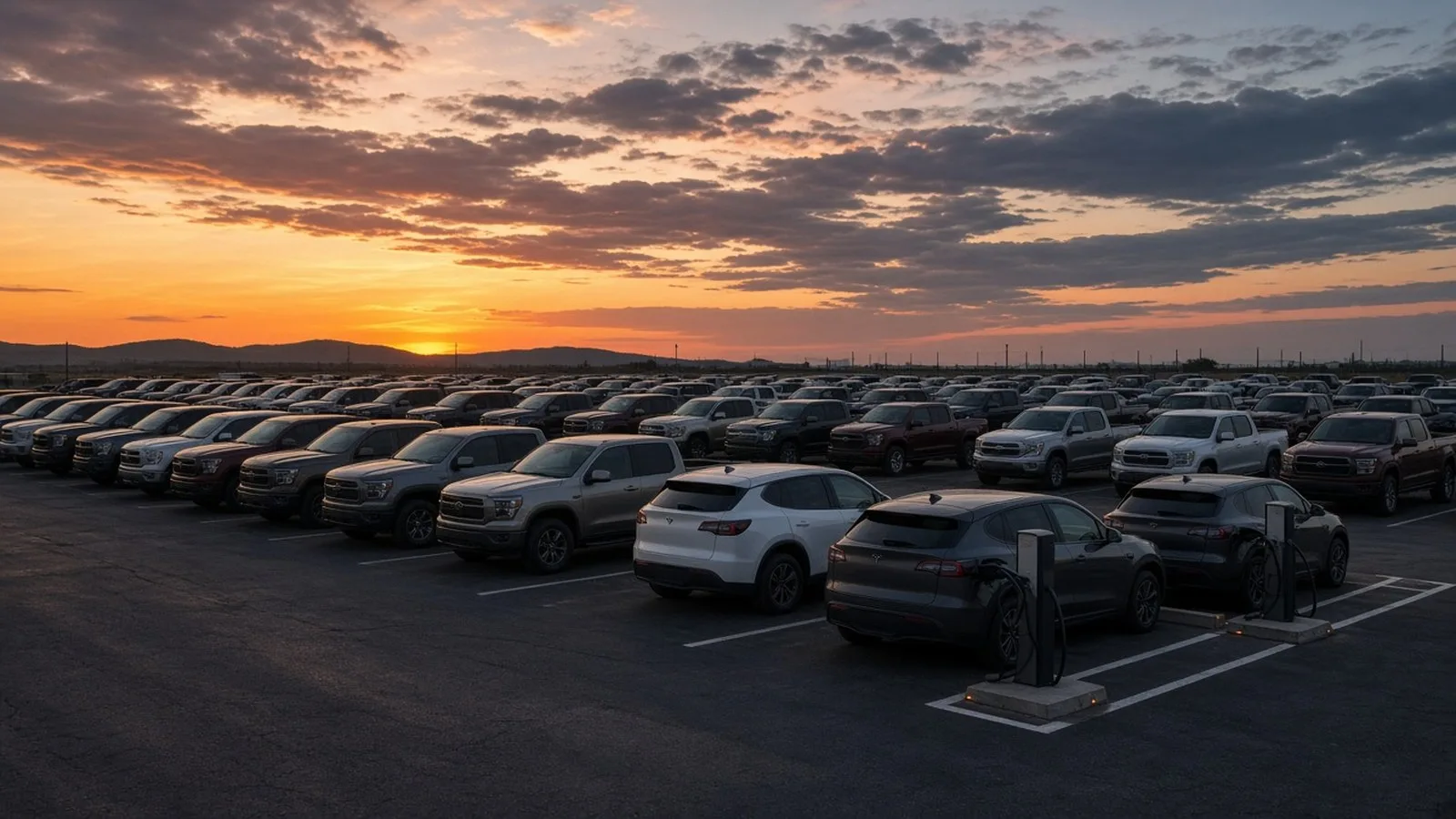 Rows of pickup trucks in a large vehicle lot at sunset, with electric SUVs plugged into chargers in the foreground