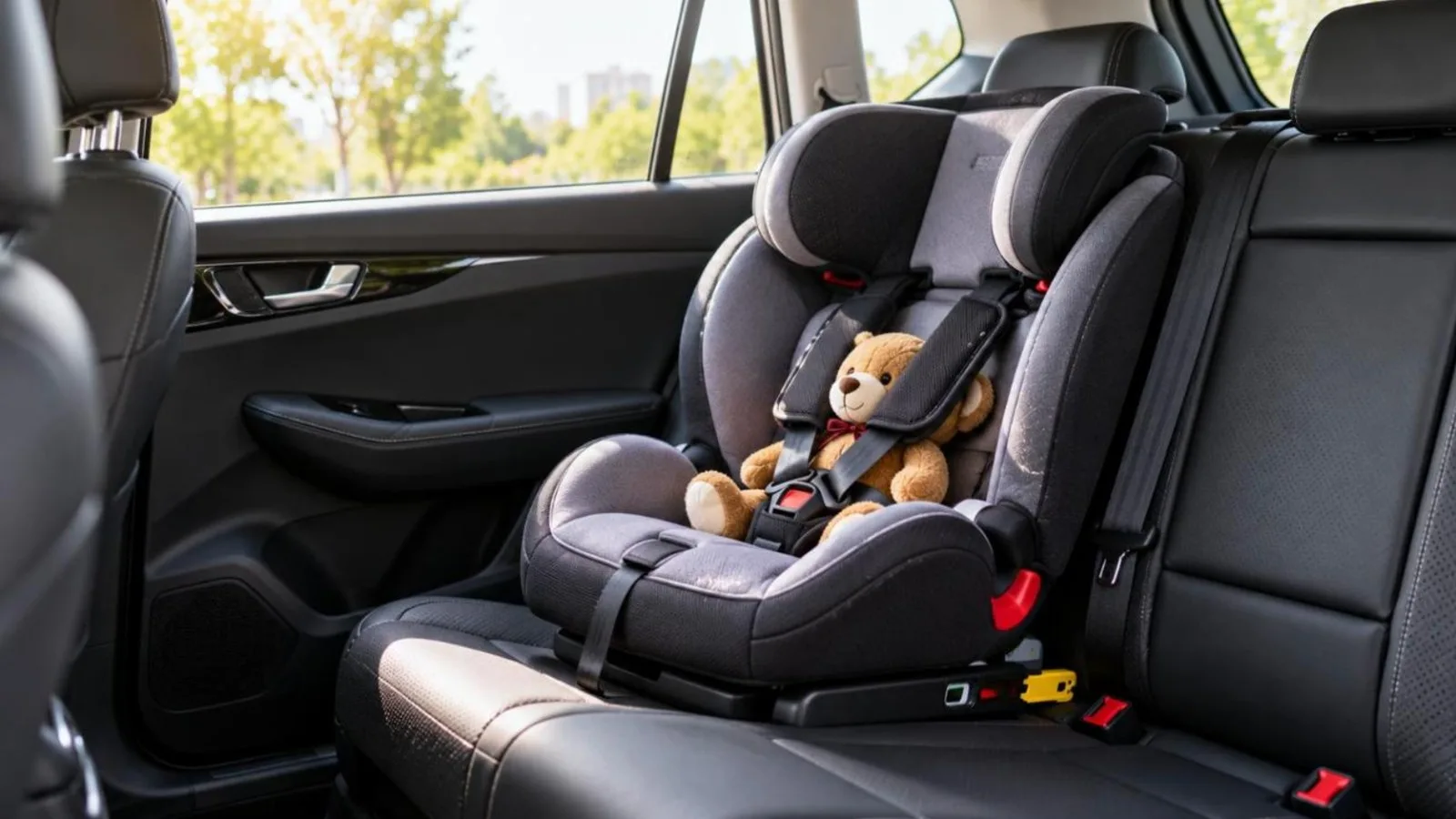A child car seat installed on the rear seat of a car with a teddy bear