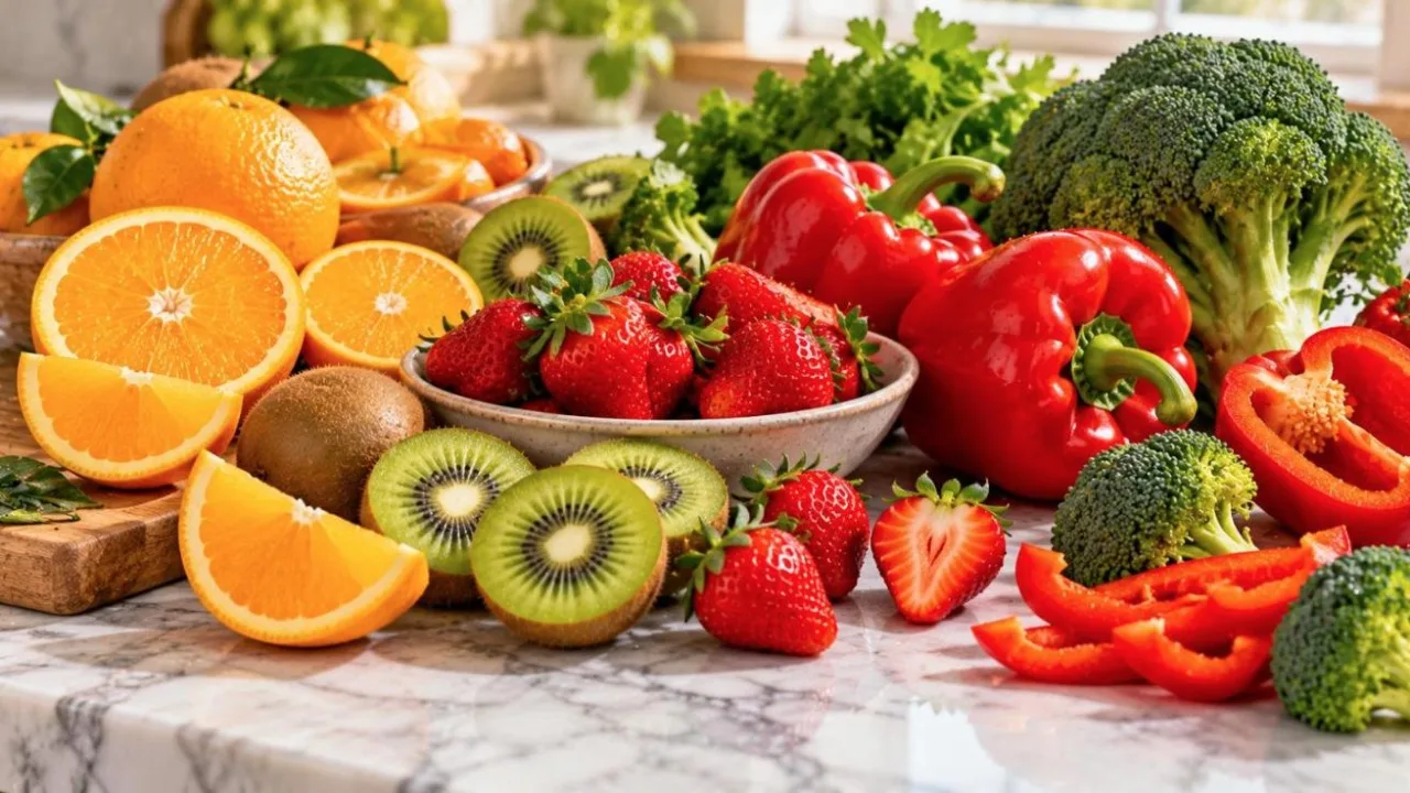 Colourful vitamin C foods: sliced oranges, kiwi, strawberries, red peppers and broccoli on a marble counter