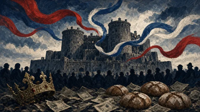 Silhouetted crowd before a fortress with a toppled crown, banknotes and bread, illustrating the French Revolution's debt crisis