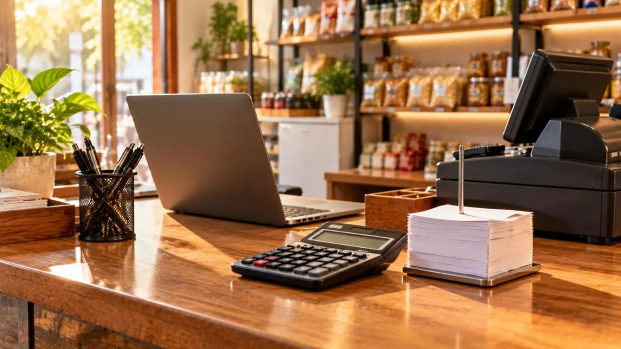 Shop counter with a calculator, blank receipts, laptop and cash register