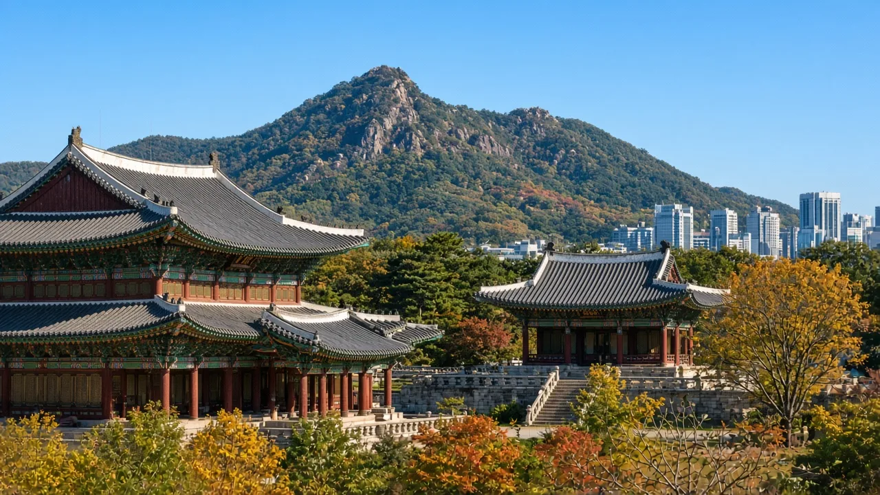 Painted pavilions of Gyeongbokgung Palace with mountains and city towers behind in autumn
