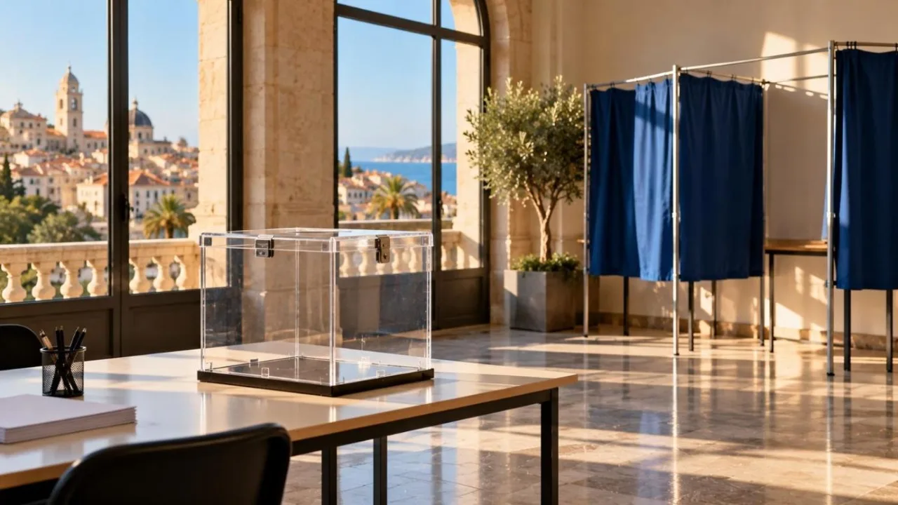 A ballot box and voting booth in a sunlit polling station