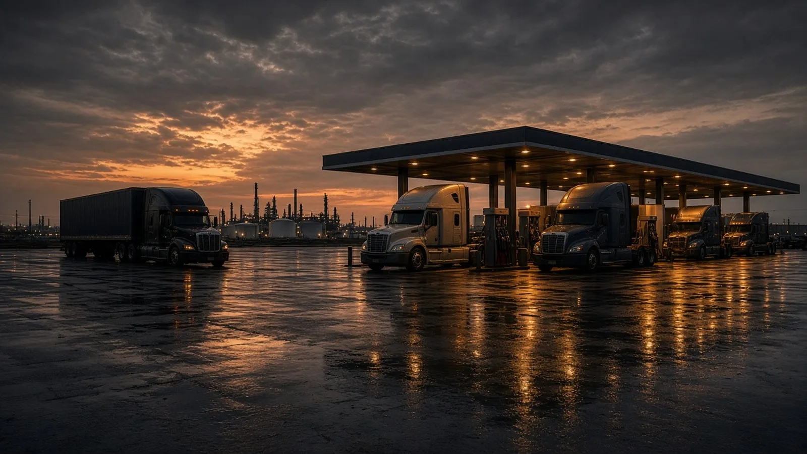 Semi trucks at an unbranded truck-stop fuel canopy at dusk with a refinery skyline behind, illustrating high diesel prices and the Russian diesel deal